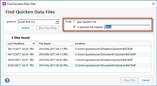 How to find a Quicken data file